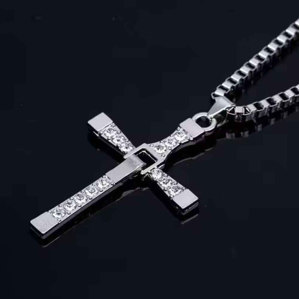 Silver Cross Necklace Fast & Furious CZ Diamonds Christian Vin Diesel Faith Gift